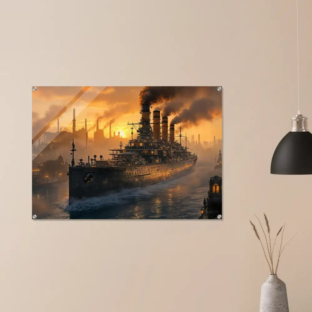 Acrylic Print of Steel Leviathan battleship with PixiOnyx Crystalcore Illumination at sunset