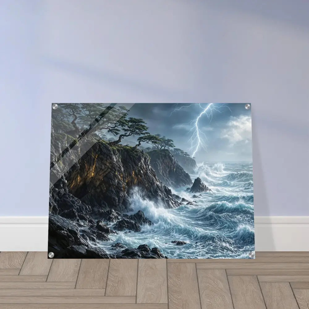 Acrylic print of a stormy coastal landscape with lightning showcasing PixiOnyx crystal depth
