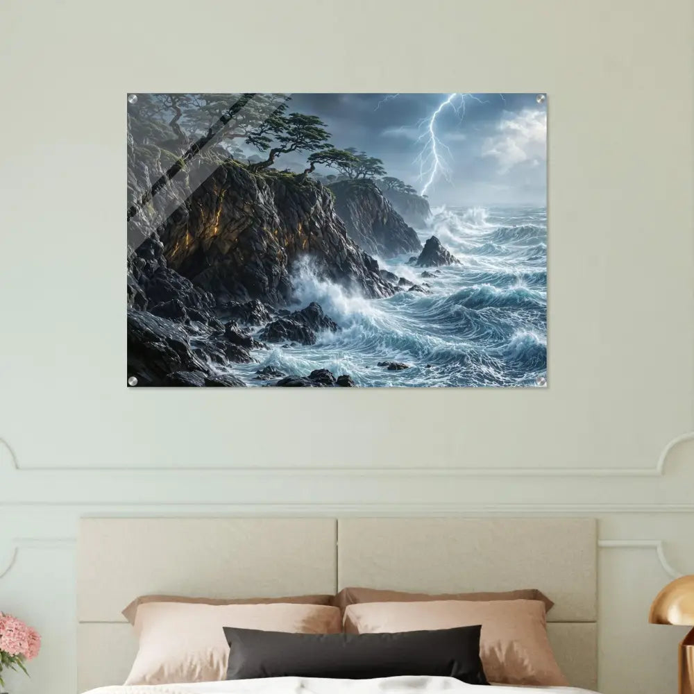 Acrylic print of a stormy seascape with jagged cliffs and crashing waves, offering vibrant colors and PixiOnyx crystal depth