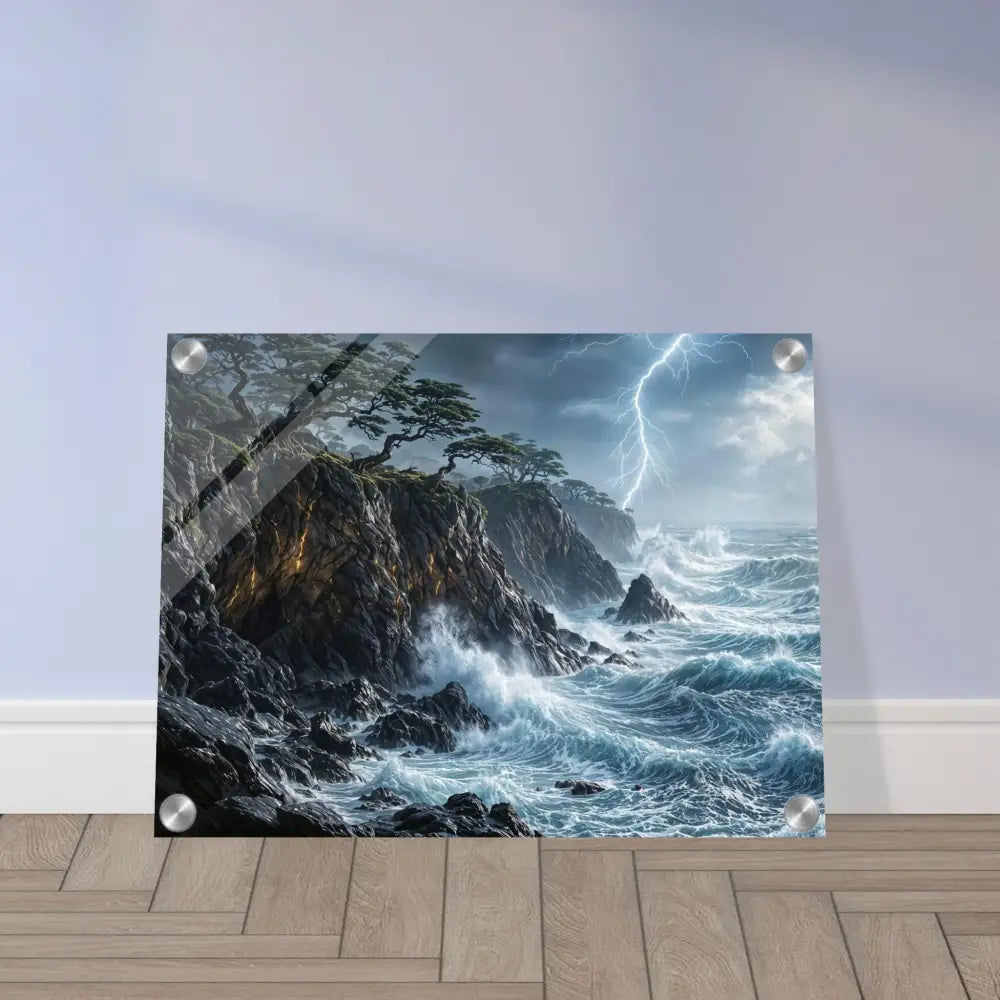 Acrylic print of a stormy coastal scene with lightning offering vibrant colors and PixiOnyx crystal depth