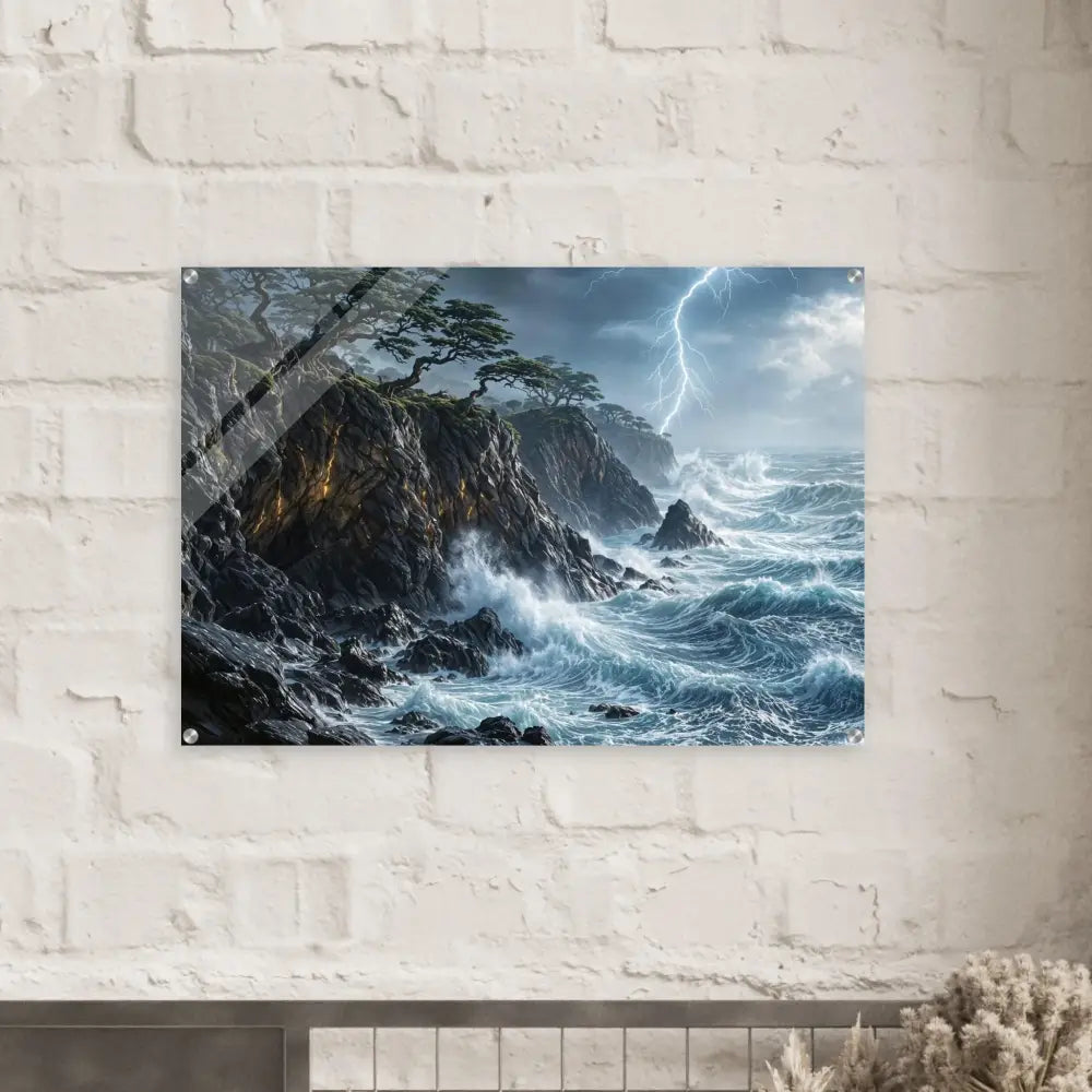 Acrylic print depicting stormy sea with crashing waves and lightning, offering vibrant PixiOnyx crystal depth