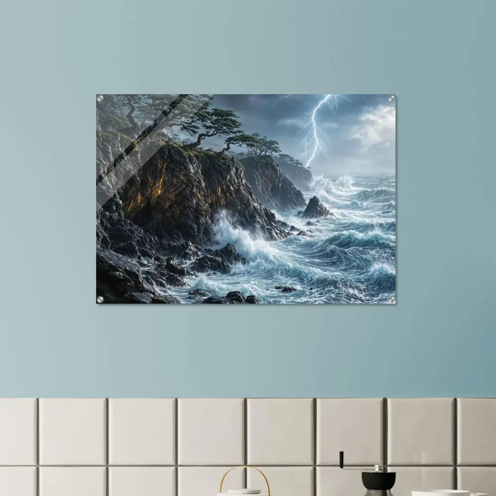 Acrylic print of a stormy ocean with lightning and rocky coast showcasing PixiOnyx crystal depth