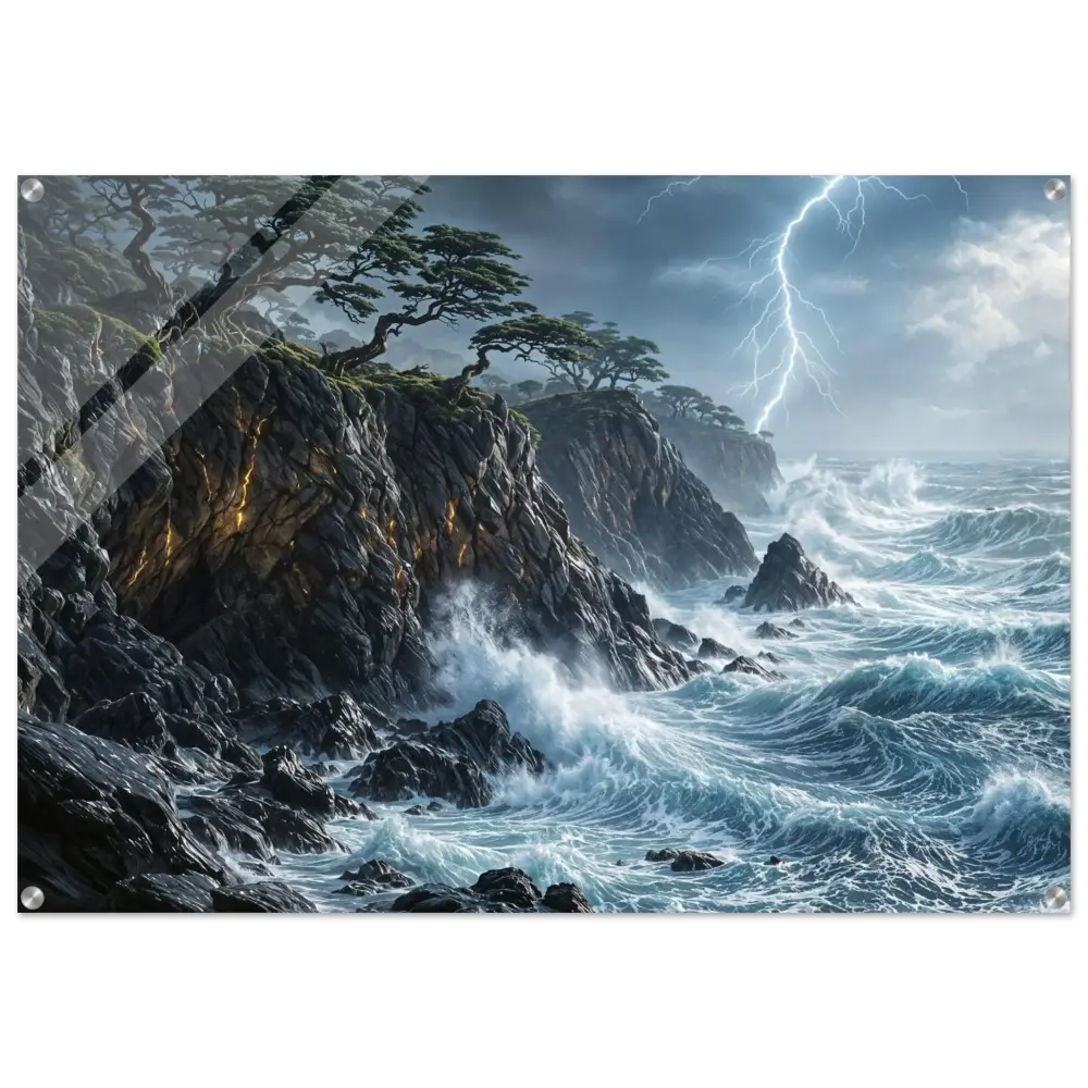 Acrylic print offers vibrant stormy seascape with lightning and crashing waves against rocks