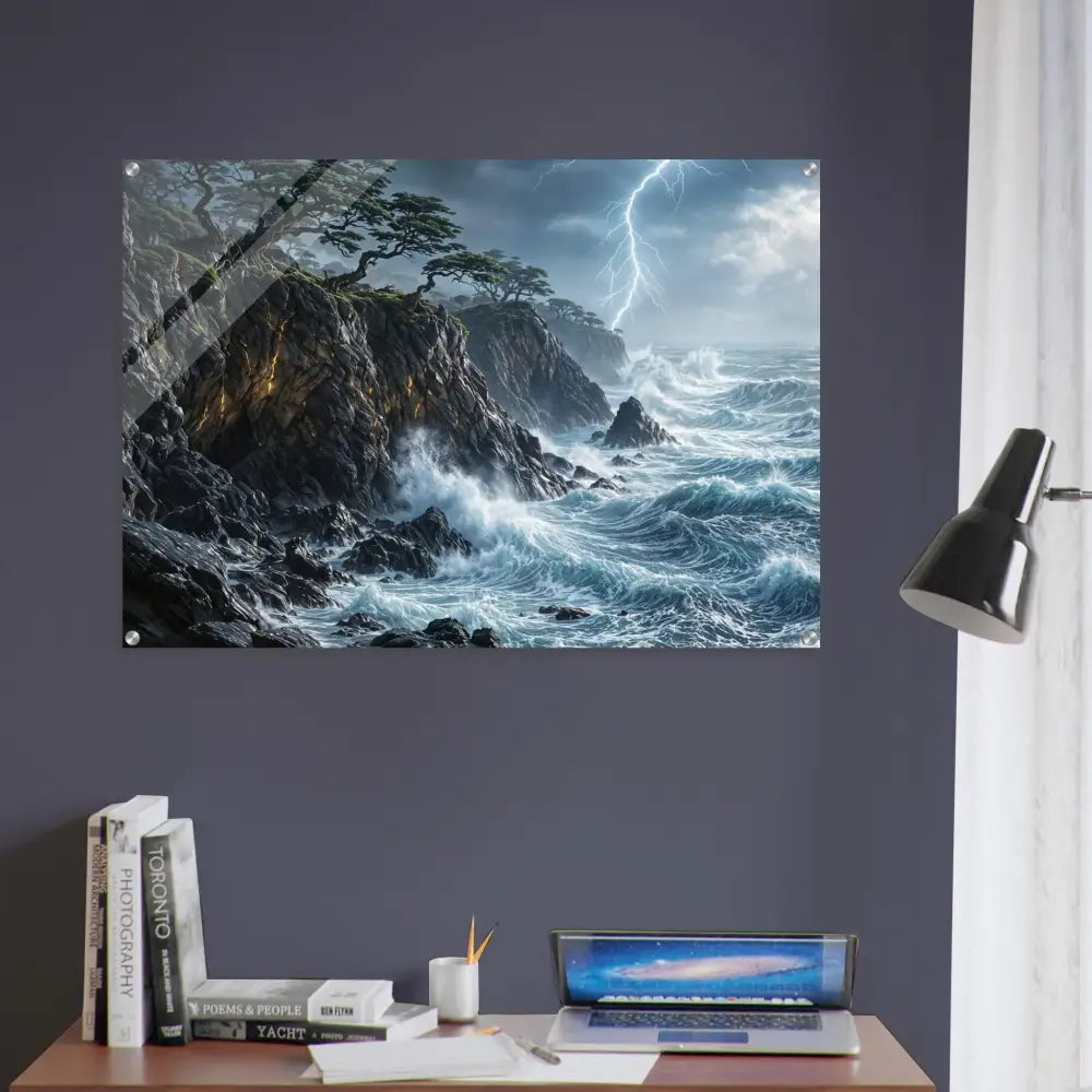 Acrylic print of stormy ocean with lightning and cliffs showcasing PixiOnyx crystal depth