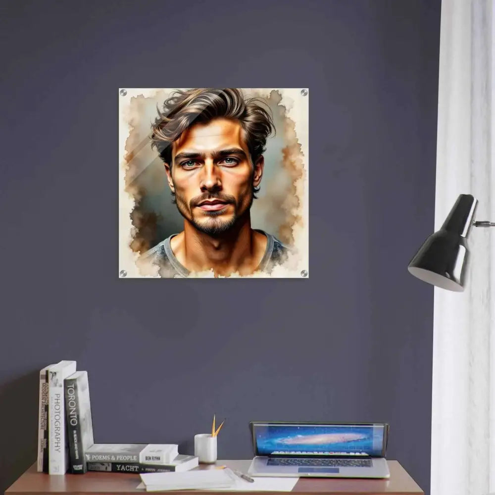 Watercolor portrait of a man with dark hair and beard for Stormworn Resolve PixiOnyx Crystal Depth Portrait