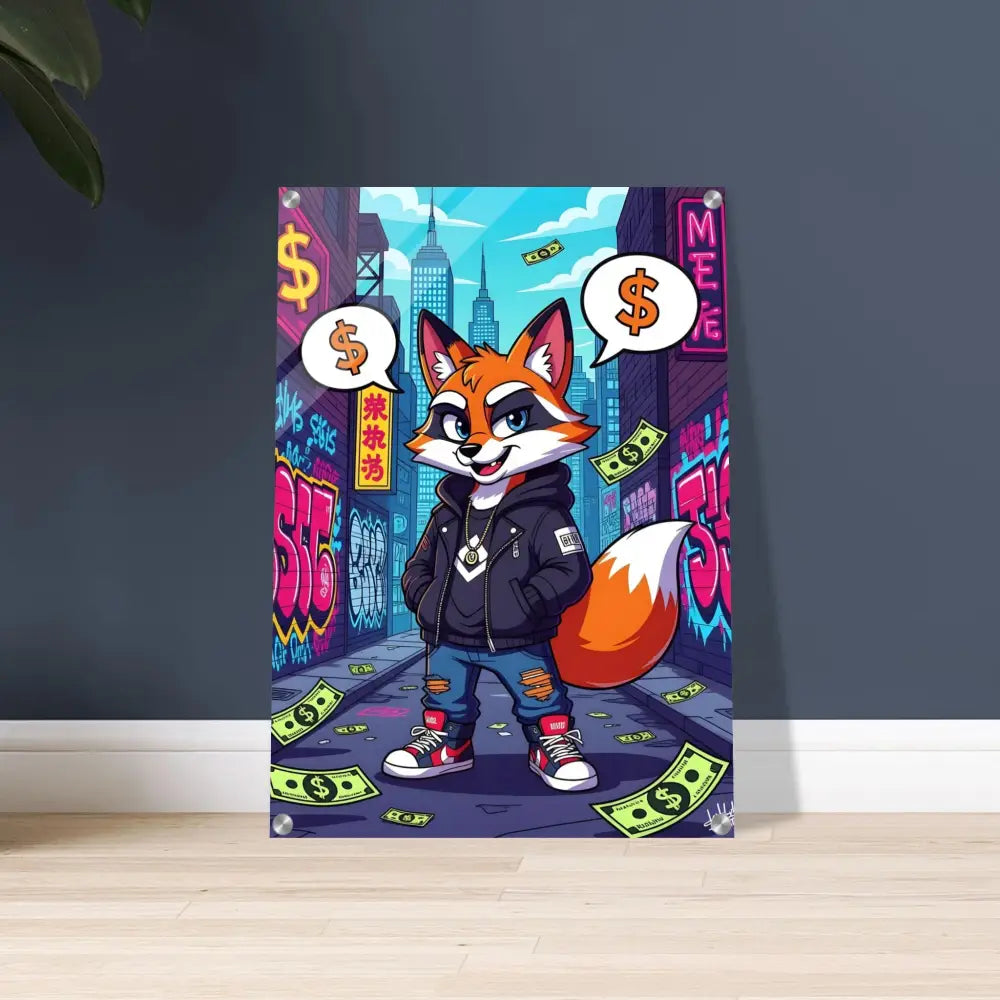 Cartoon fox art print on acrylic for Street Hustle Fox PixiOnyx Clear Style