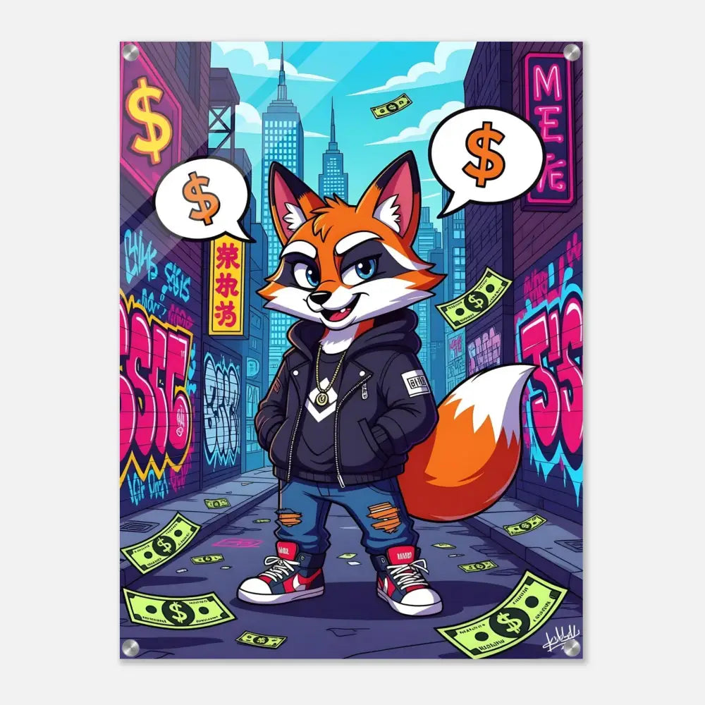 Cartoon fox with a money theme displayed on Acrylic Print Street Hustle Fox PixiOnyx Clear Style