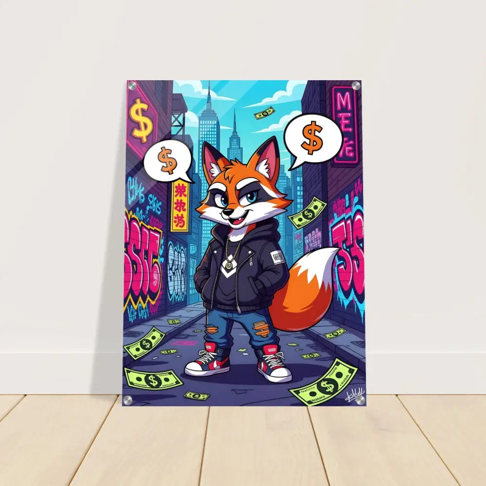 Acrylic print of a cartoon fox poster titled Street Hustle Fox by PixiOnyx Clear Style