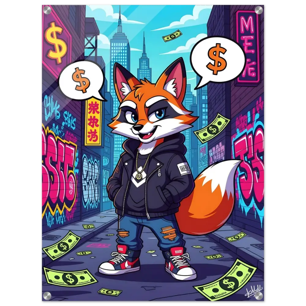 Cartoon Fox in an Urban Setting Acrylic Print Street Hustle Fox PixiOnyx Clear Style