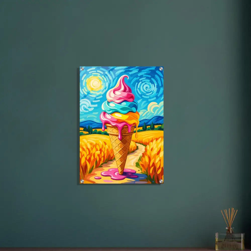 Colorful ice cream cone painting for Acrylic Print Sunlit Swirl of Pastoral Chaos PixiOnyx