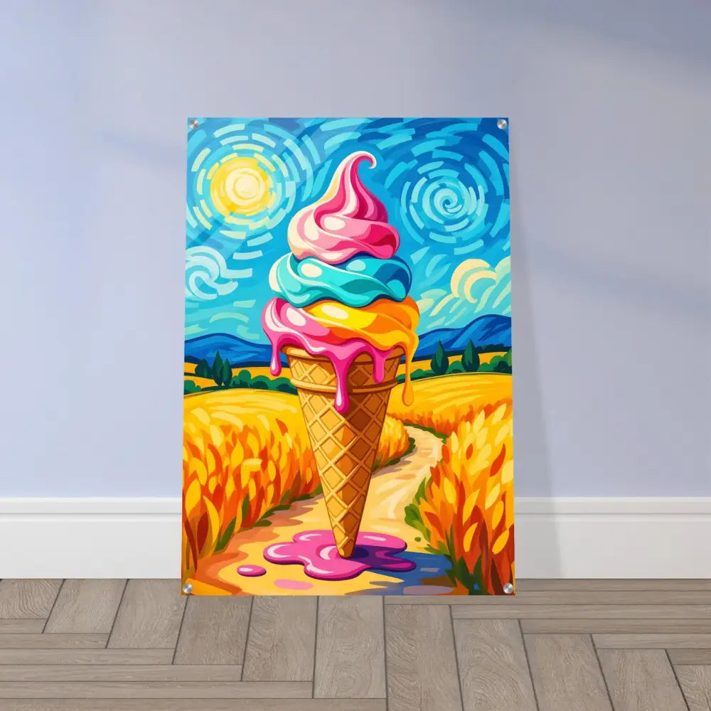 Colorful ice cream cone painting on acrylic print titled Sunlit Swirl of Pastoral Chaos by PixiOnyx