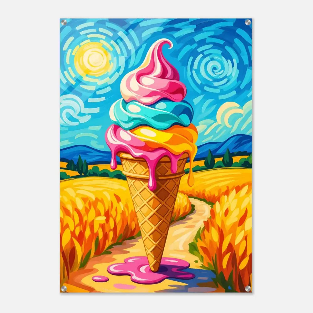 Colorful ice cream cone in a Van Gogh-style landscape on Acrylic Print Sunlit Swirl of Pastoral Chaos