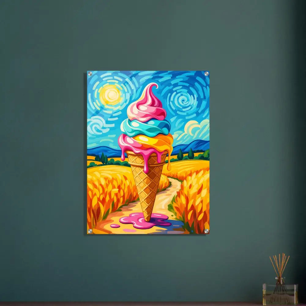 Colorful ice cream cone painting for Acrylic Print Sunlit Swirl of Pastoral Chaos PixiOnyx