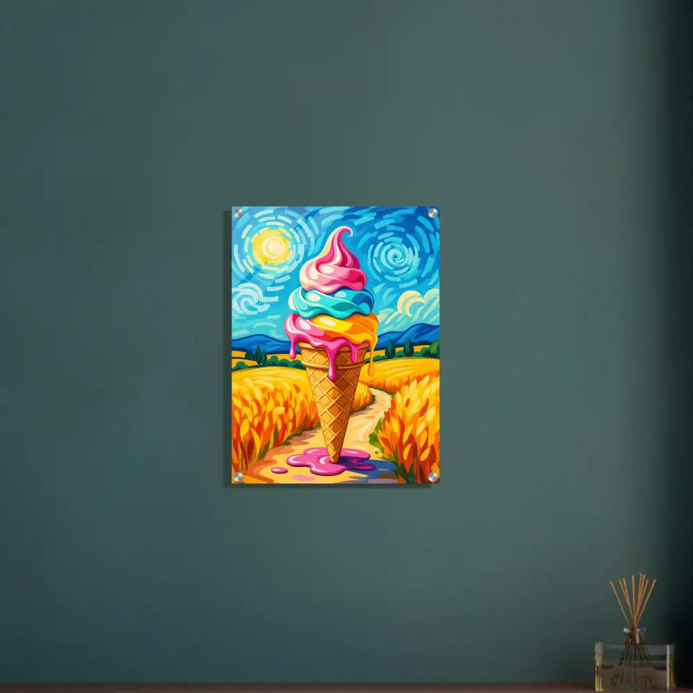 Colorful ice cream cone painting displayed on Acrylic Print Sunlit Swirl of Pastoral Chaos