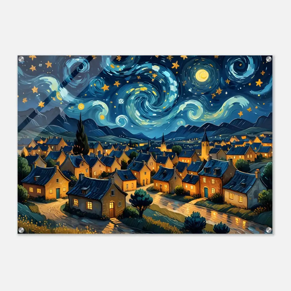 Acrylic print of a starry night village painting with swirling sky and celestial details