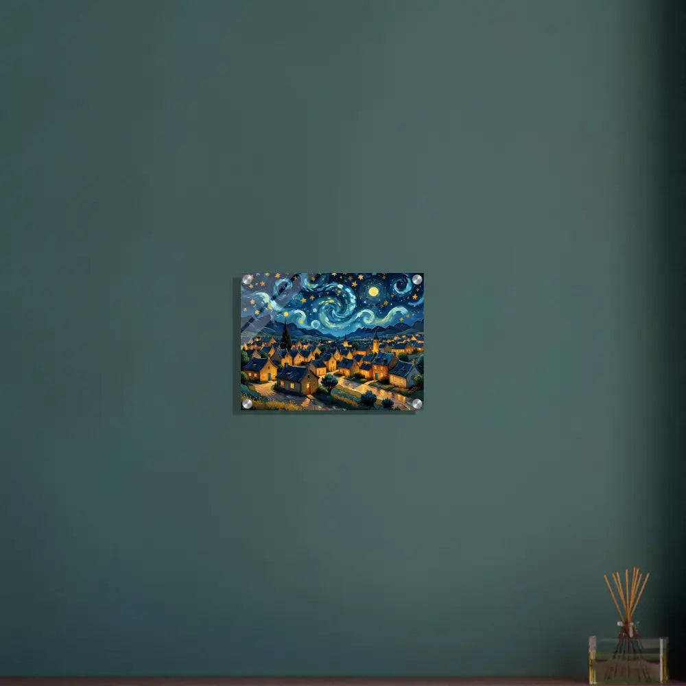 Framed Van Gogh-style swirling sky village acrylic print by PixiOnyx Celestial Crystal