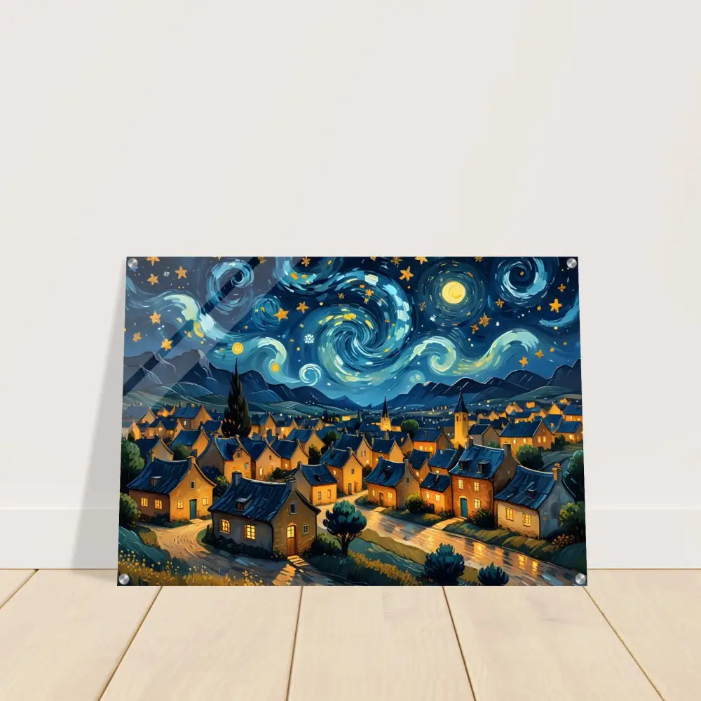 Starry Night inspired townscape art print on Acrylic Print Swirly Sky Village by PixiOnyx