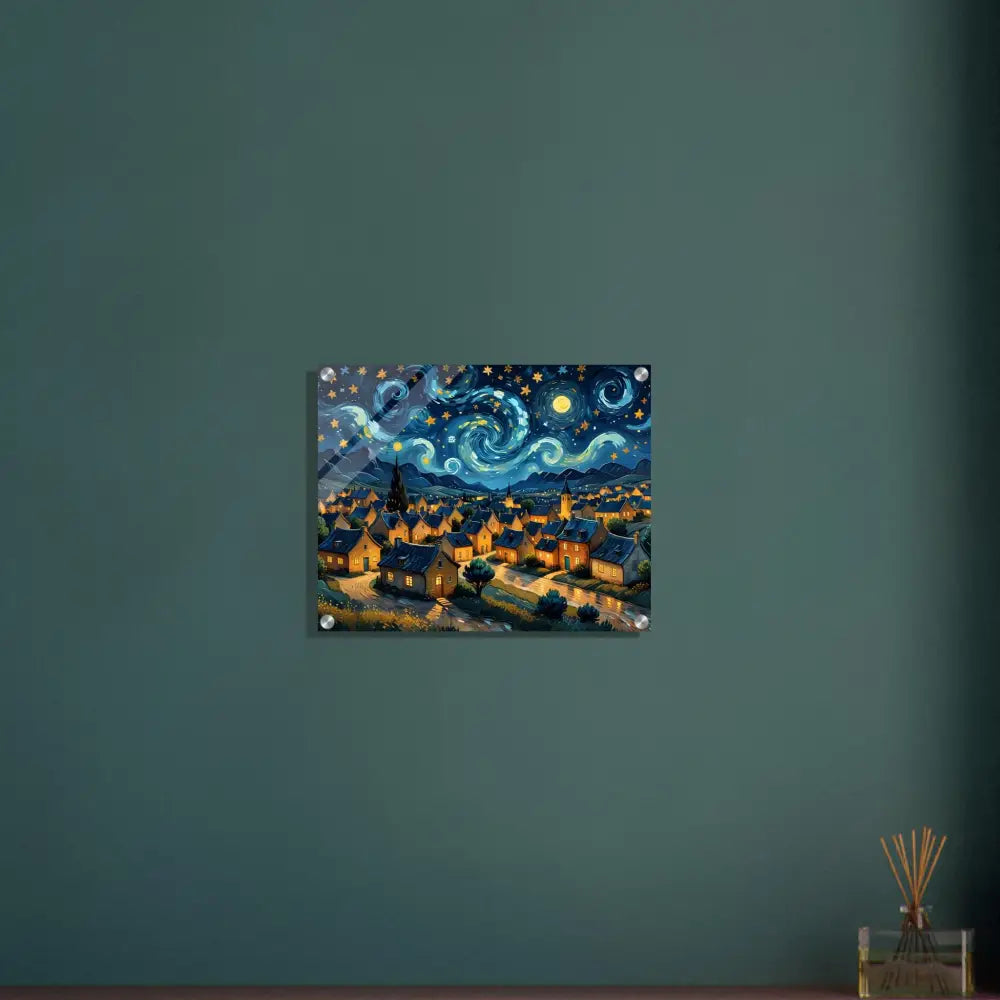 Starry Night style wall art acrylic print featuring swirly sky and celestial village design