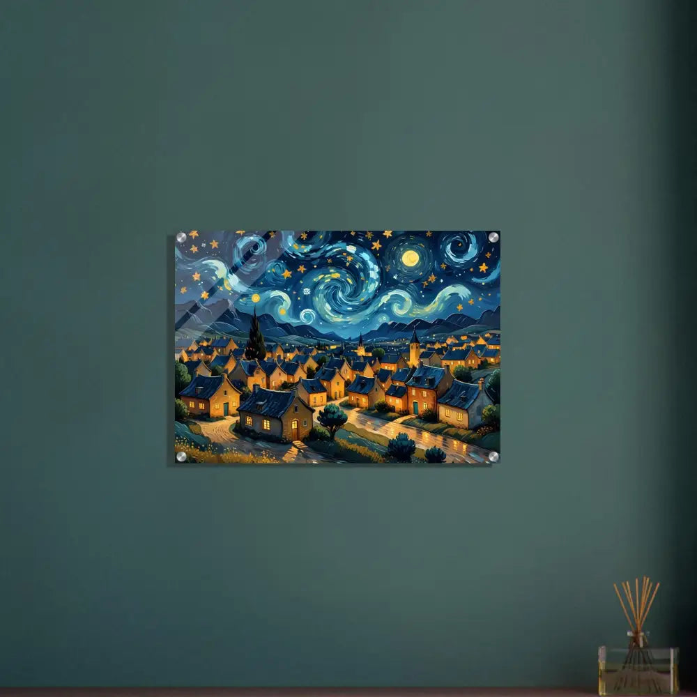 Acrylic print of a Starry Night style townscape art titled Swirly Sky Village by PixiOnyx
