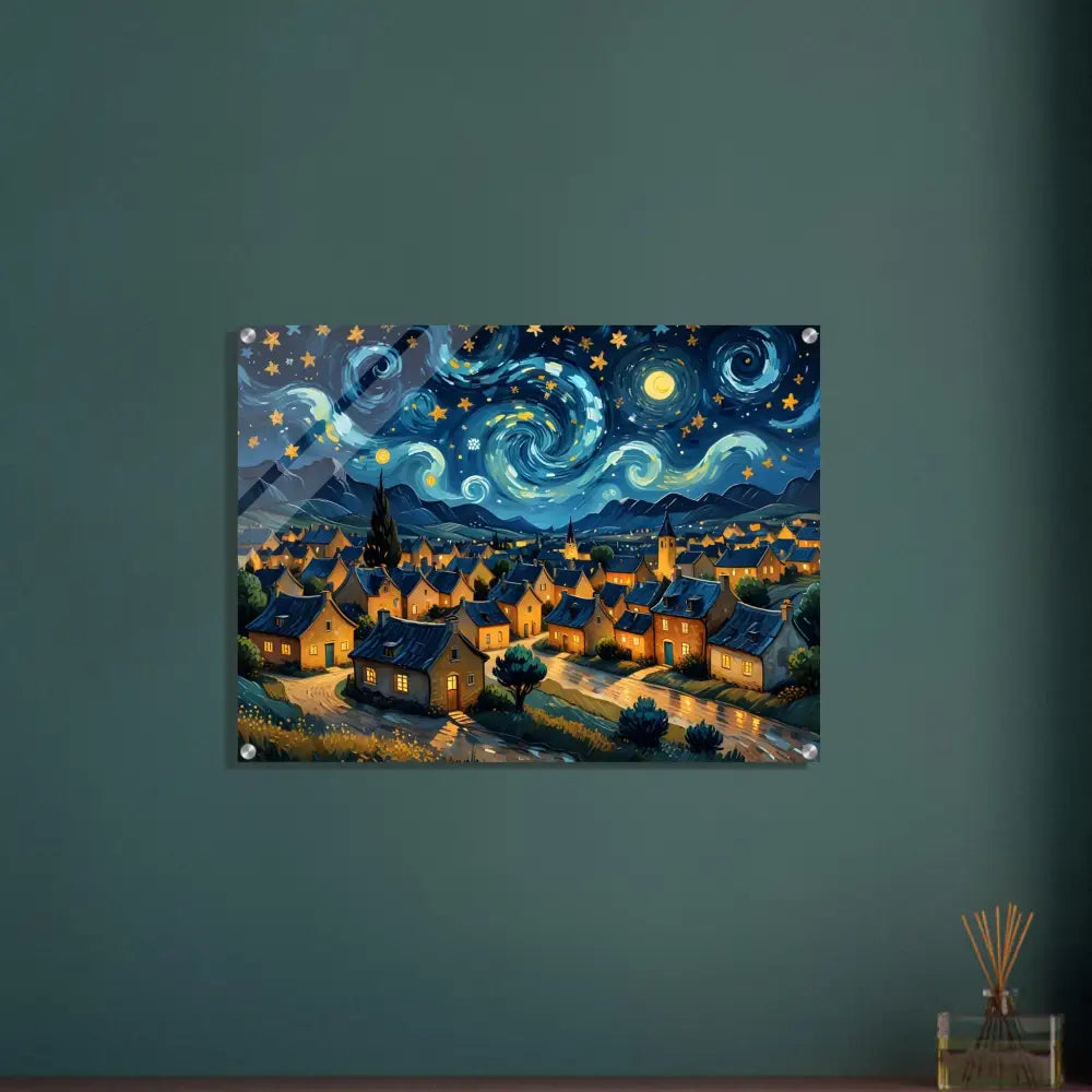 Acrylic Print of Swirly Sky Village in Starry Night style by PixiOnyx Celestial Crystal