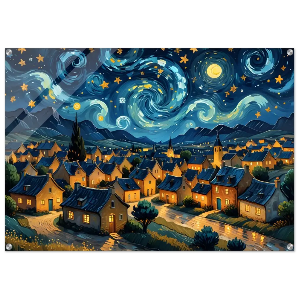 Starry night village painting on Acrylic Print Swirly Sky Village PixiOnyx Celestial Crystal