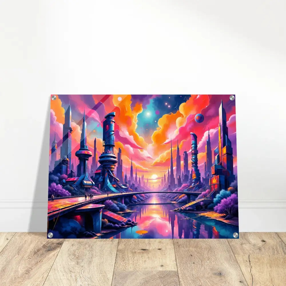 Futuristic skyline erupts in vibrant colors on PixiOnyx Utopian Depthscape acrylic print