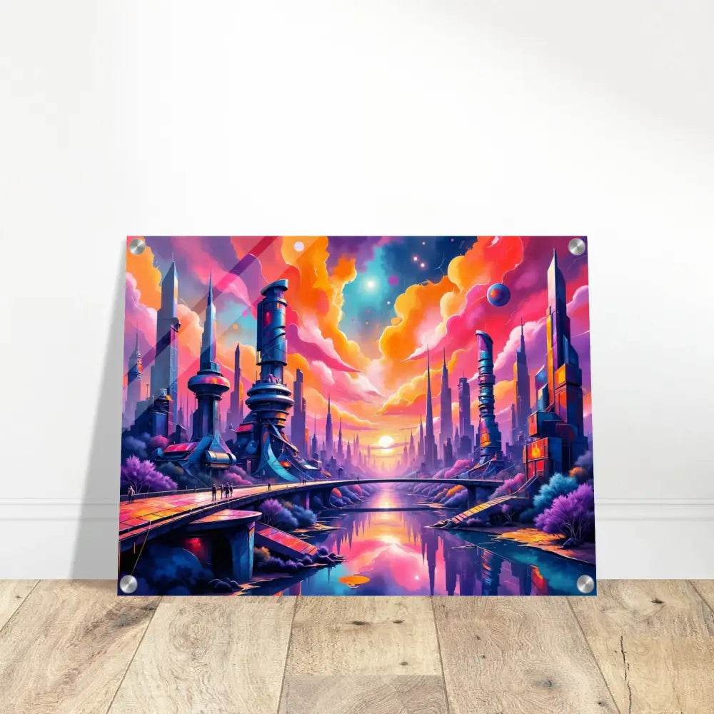 Acrylic print of a futuristic skyline erupts with vibrant pink and orange clouds in PixiOnyx Utopian Depthscape