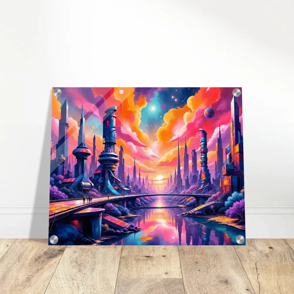 Futuristic skyline erupts in vibrant PixiOnyx Utopian Depthscape acrylic print