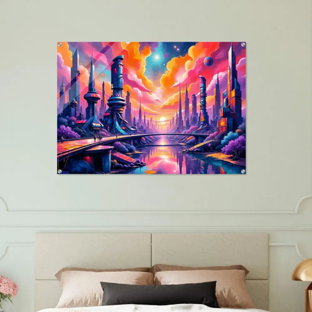 Futuristic skyline erupts in PixiOnyx Utopian Depthscape acrylic print with vibrant cityscape and sunset