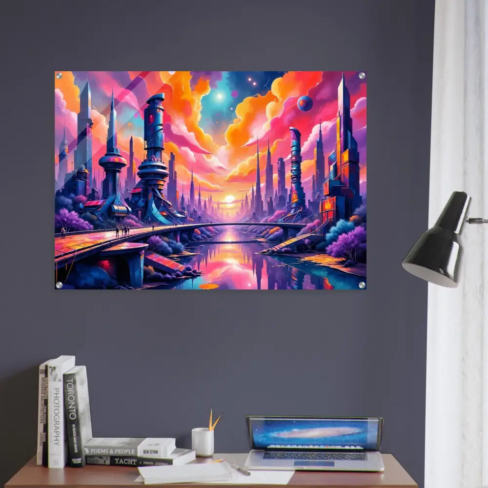 Vibrant futuristic skyline erupts in PixiOnyx Utopian Depthscape acrylic print artwork