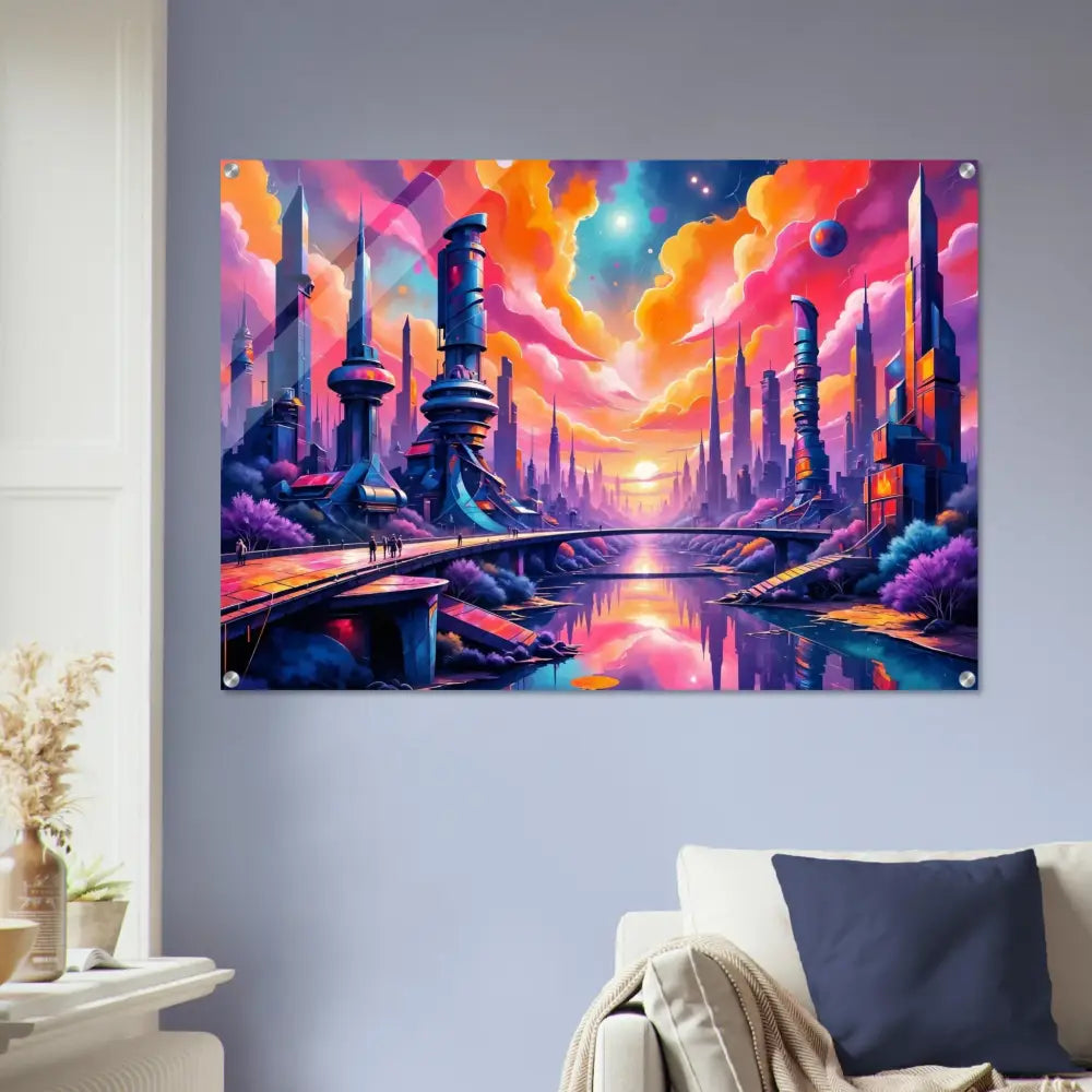 Acrylic print of a futuristic skyline erupts at sunset with river and bridge in PixiOnyx Utopian Depthscape