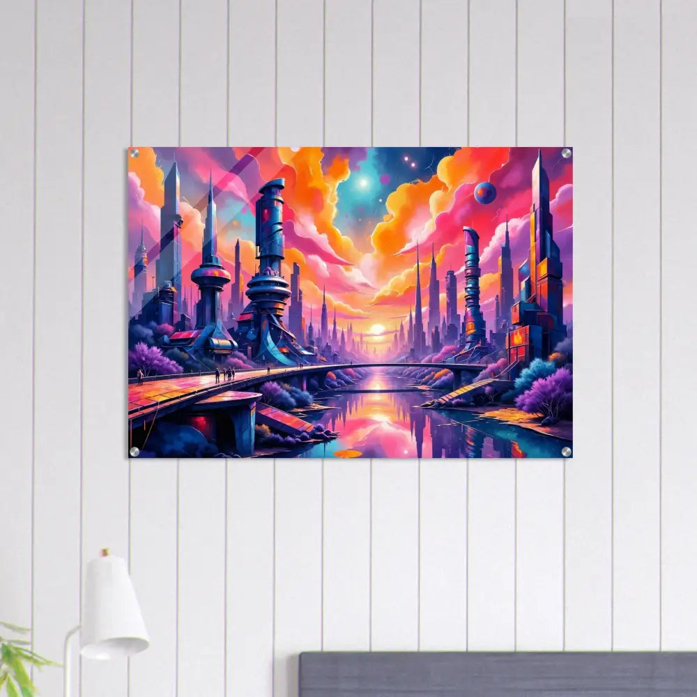Futuristic skyline erupts in PixiOnyx Utopian Depthscape acrylic print of vibrant cityscape