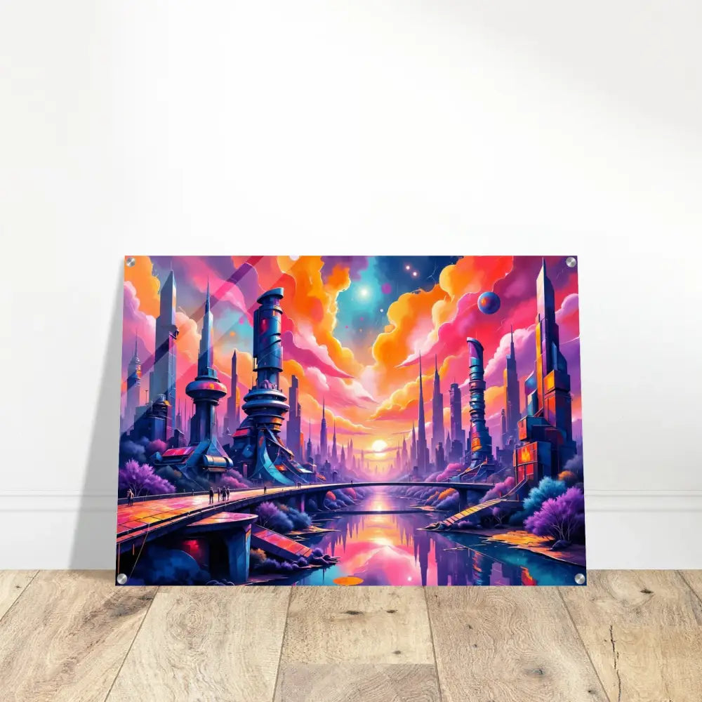 Futuristic skyline erupts in PixiOnyx Utopian Depthscape acrylic print of vibrant cityscape