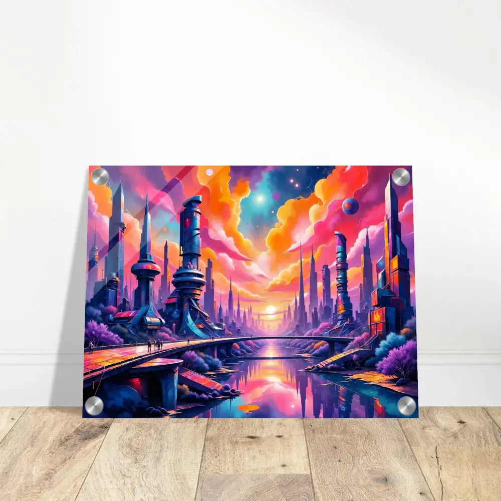 Futuristic skyline erupts in vibrant colors on PixiOnyx Utopian Depthscape acrylic print