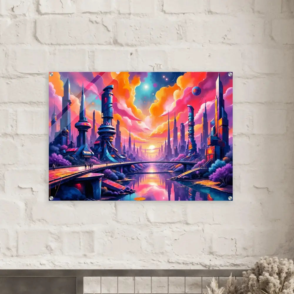Futuristic skyline erupts in PixiOnyx Utopian Depthscape acrylic print on white brick wall
