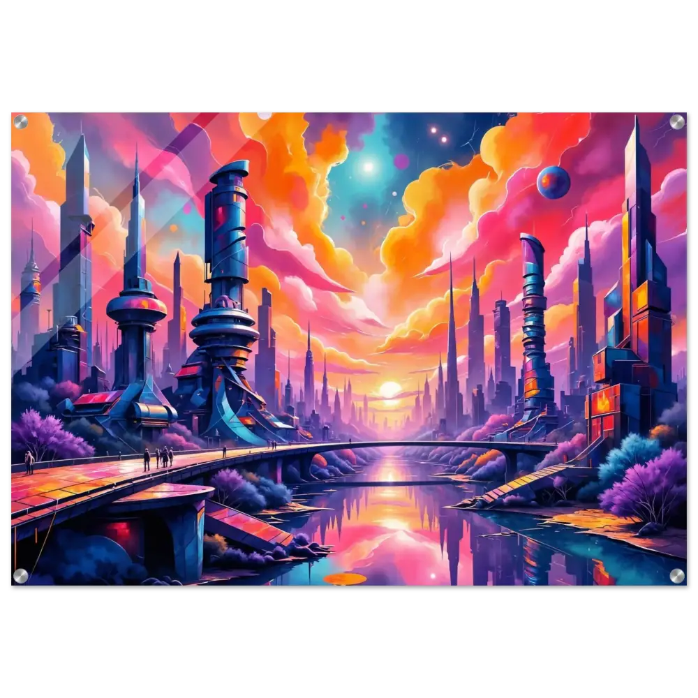 Acrylic Print – Symphony of Tomorrow features a vibrant futuristic skyline erupts in PixiOnyx Utopian Depthscape