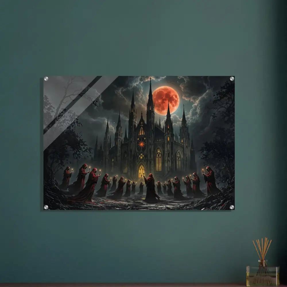Acrylic print of Gothic cathedral under blood moon with hooded figures at PixiOnyx