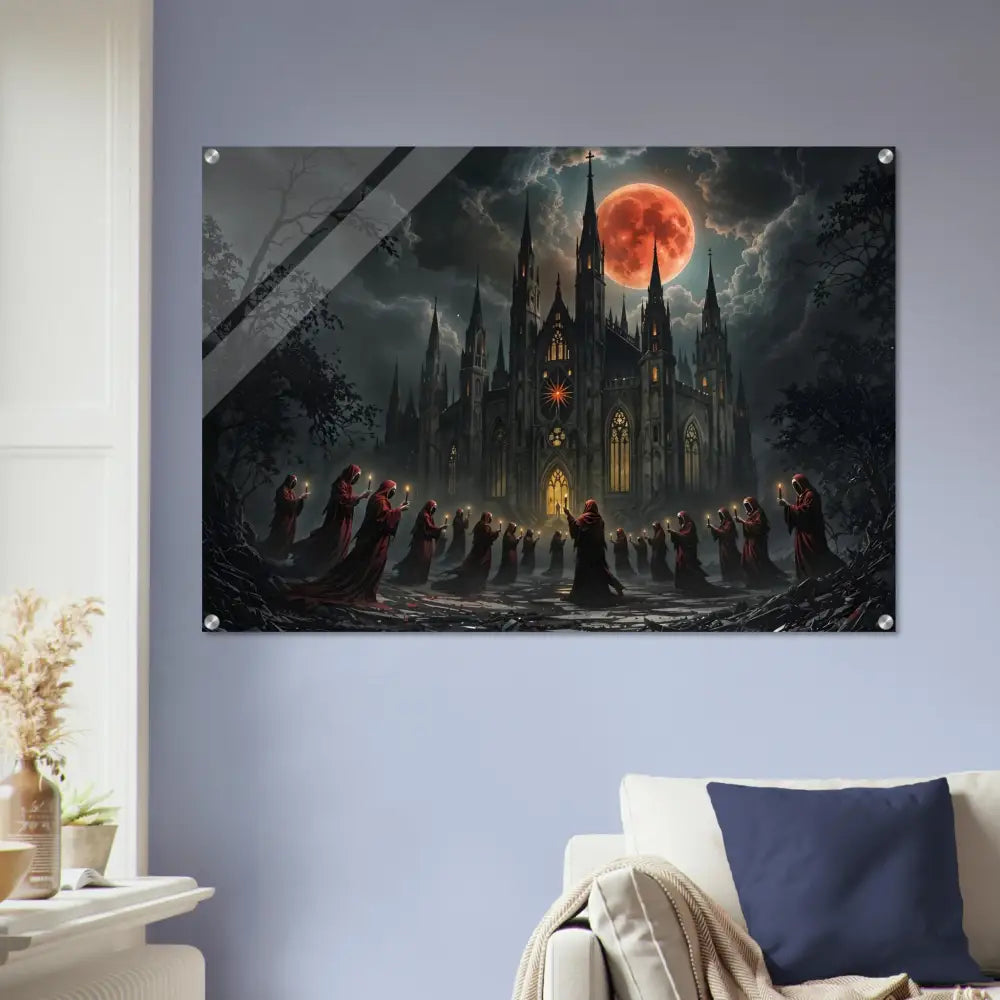 Gothic cathedral illuminated by a blood moon for Acrylic Print The Crimson Liturgy PixiOnyx