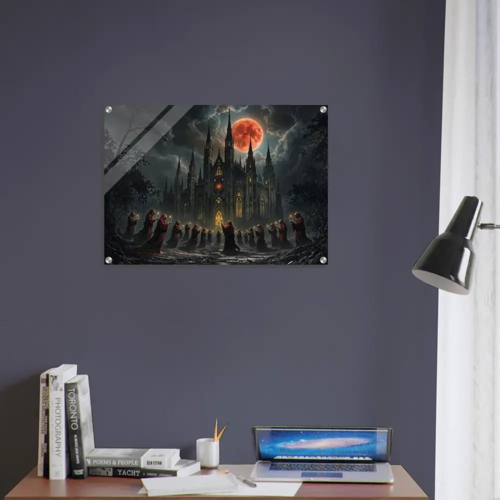 Gothic castle under a blood moon acrylic print titled The Crimson Liturgy by PixiOnyx