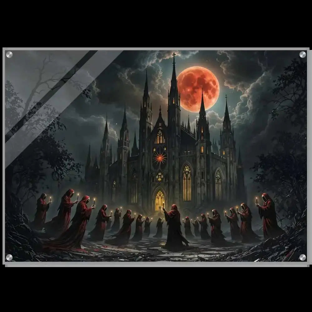 Acrylic print of a gothic cathedral with crimson liturgy and mystery beneath glass