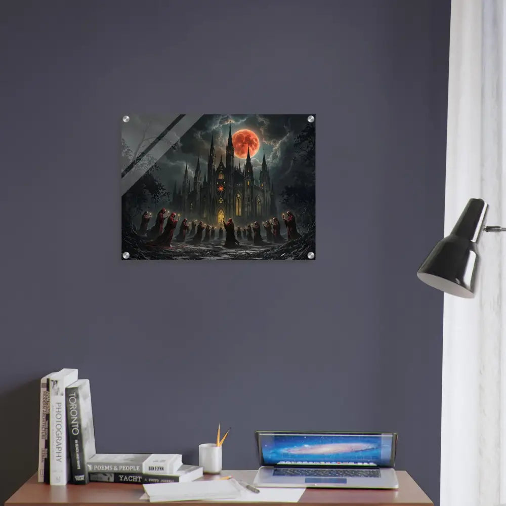 Gothic castle under a blood moon displayed on Acrylic Print The Crimson Liturgy PixiOnyx