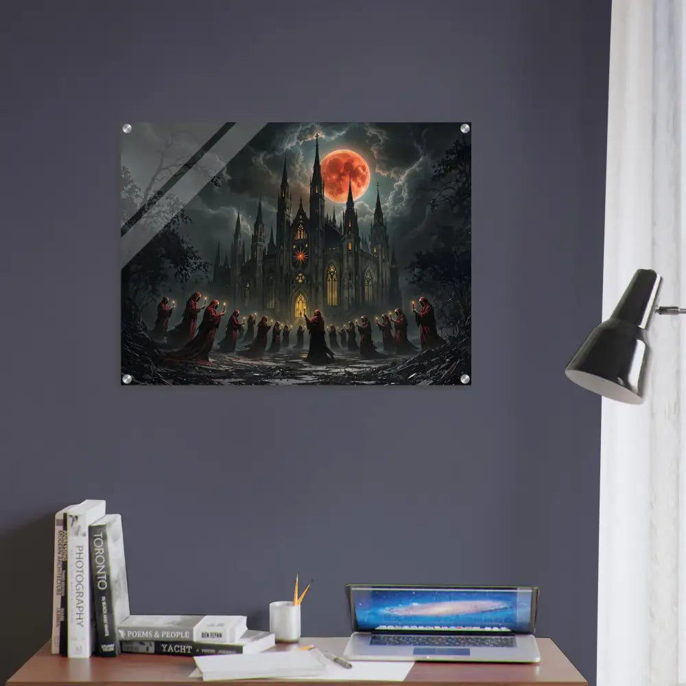 Gothic castle with red moon and hooded figures in Acrylic Print The Crimson Liturgy PixiOnyx