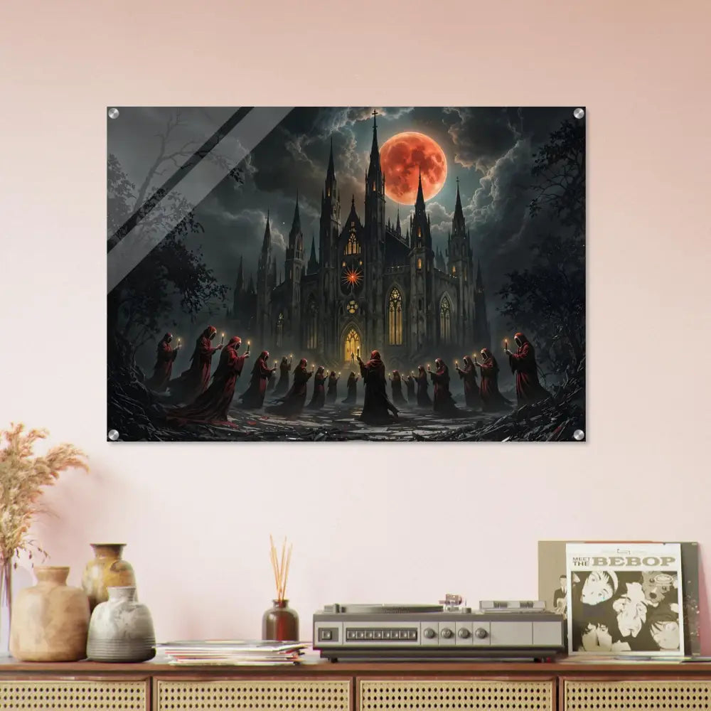 Gothic castle cult scene wall art displayed on Acrylic Print The Crimson Liturgy by PixiOnyx