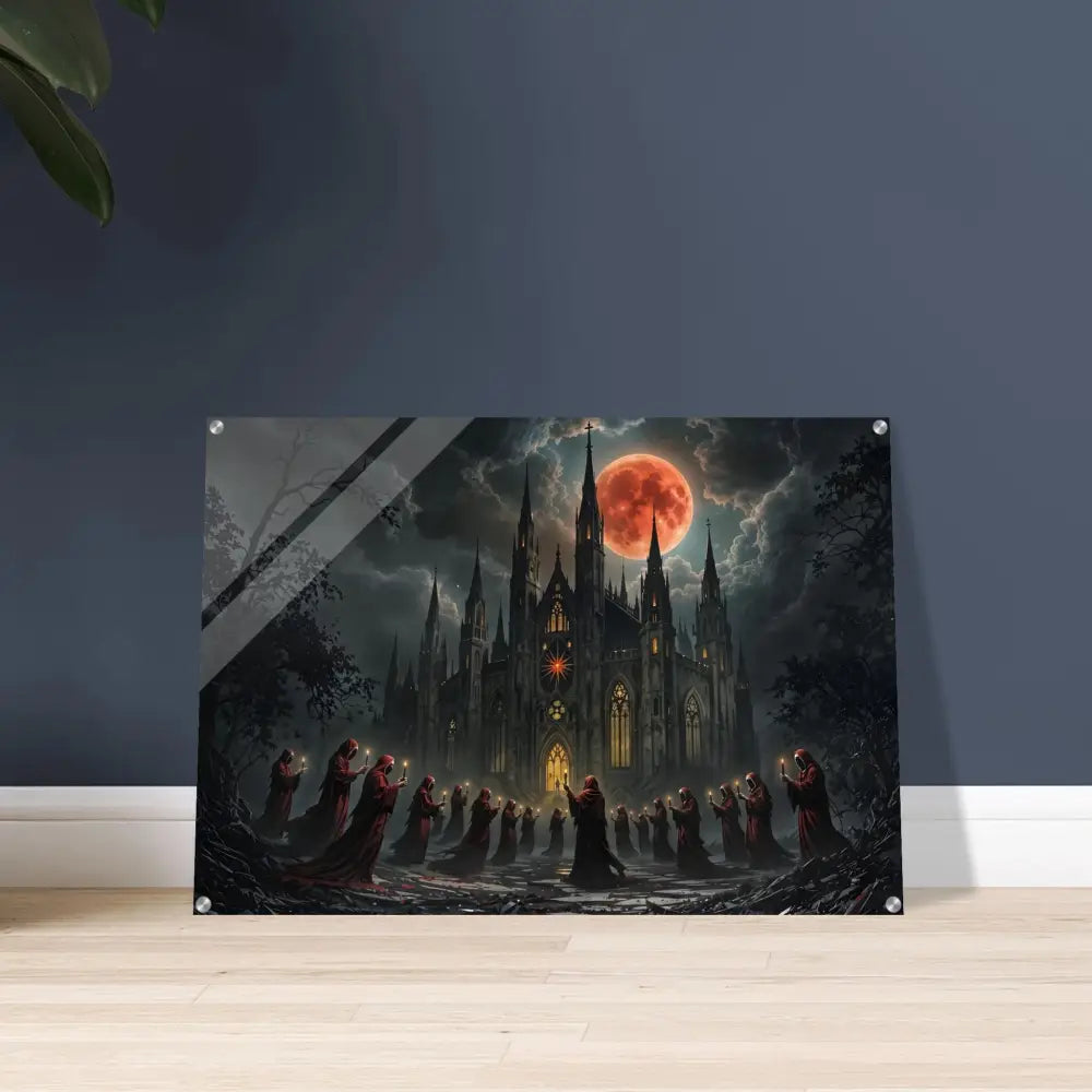 Gothic castle cult scene acrylic print displayed on PixiOnyx Translucent Cathedral Display