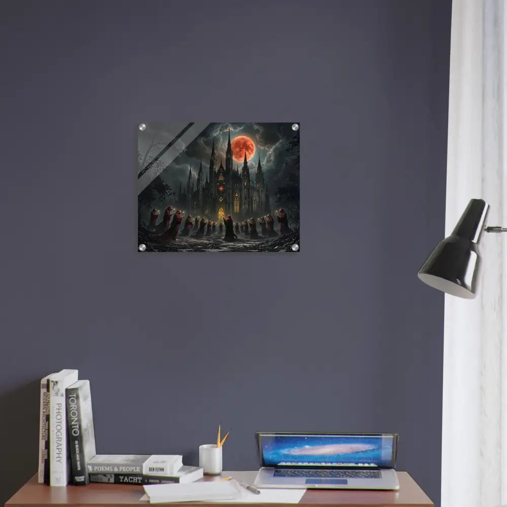 Acrylic print of Gothic castle under a blood moon for The Crimson Liturgy display