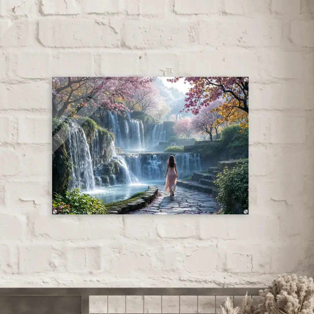 Acrylic print of a waterfall landscape art titled The Waterfall Orchard by PixiOnyx