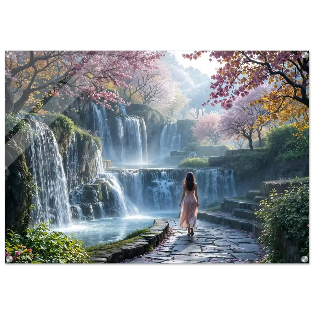 A woman enjoying a waterfall landscape depicted in Acrylic Print The Waterfall Orchard PixiOnyx Crystal Dreamwave Display