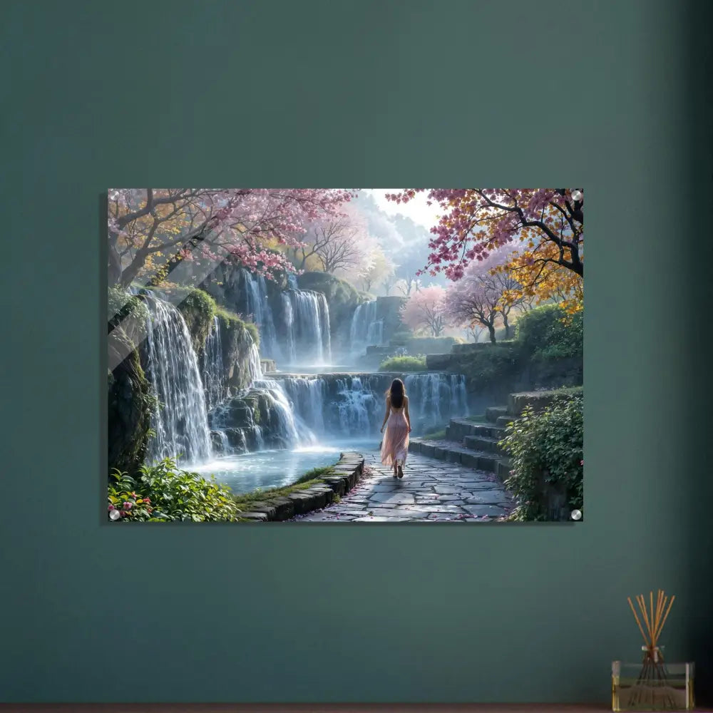 Waterfall landscape acrylic print displayed on PixiOnyx Crystal Dreamwave display