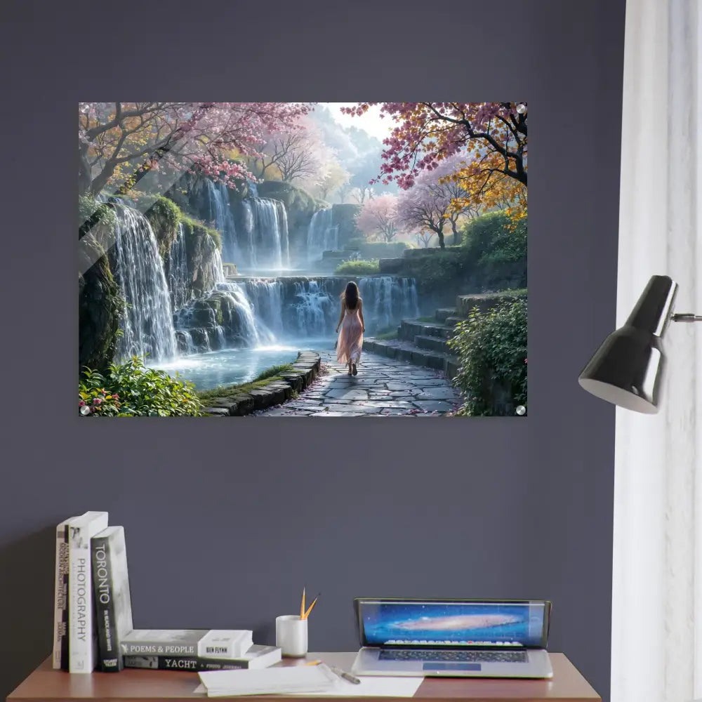 Acrylic print of Waterfall Landscape Art titled The Waterfall Orchard by PixiOnyx