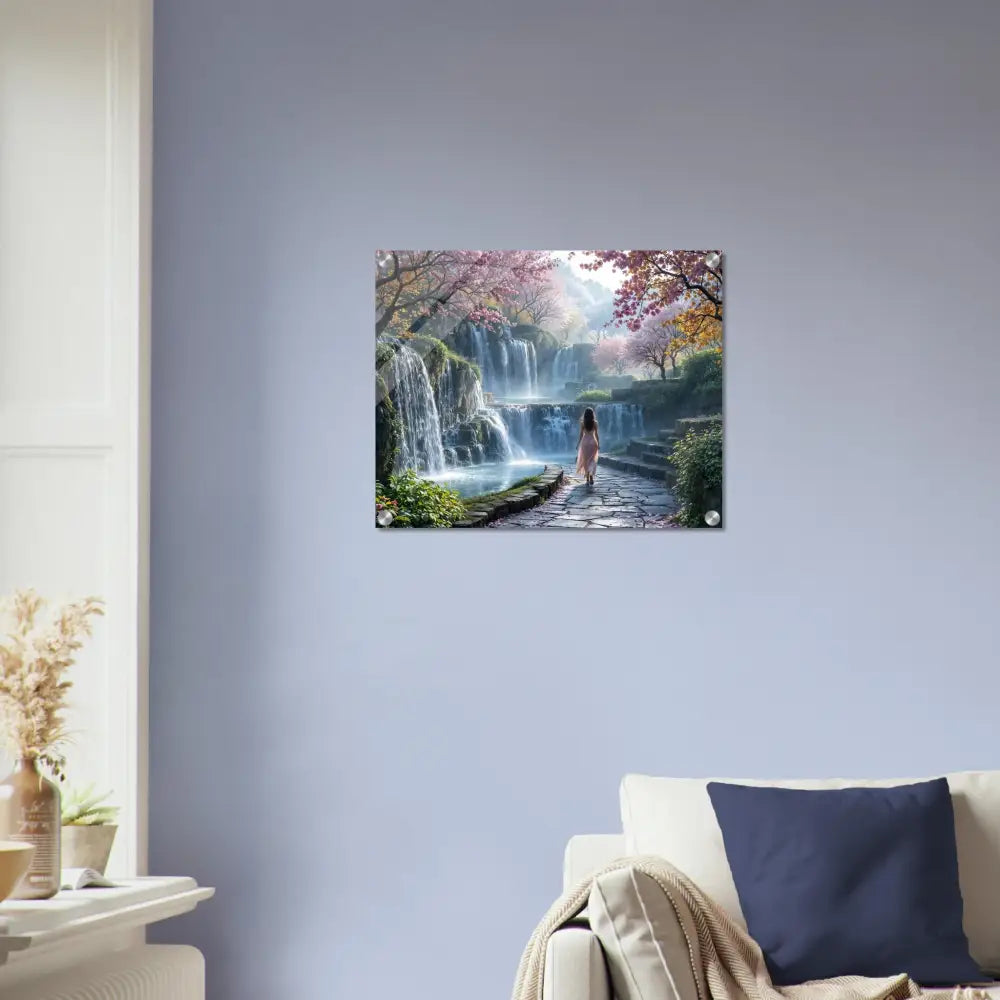 Acrylic print of a waterfall scene titled The Waterfall Orchard by PixiOnyx Crystal Dreamwave